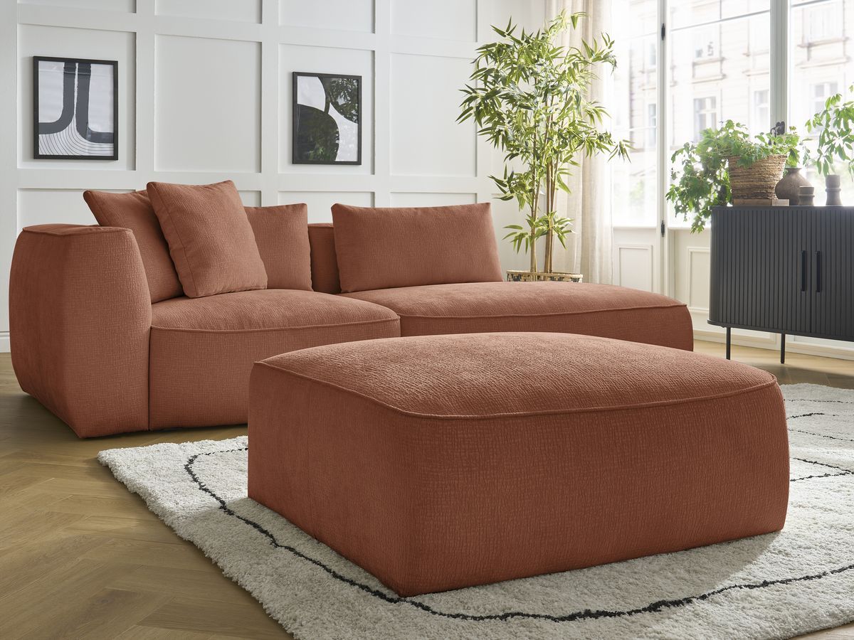 Bobochic Leopold Sofa 4-Sitzer mit Pouf Strukturstoff Orange Armlehne links