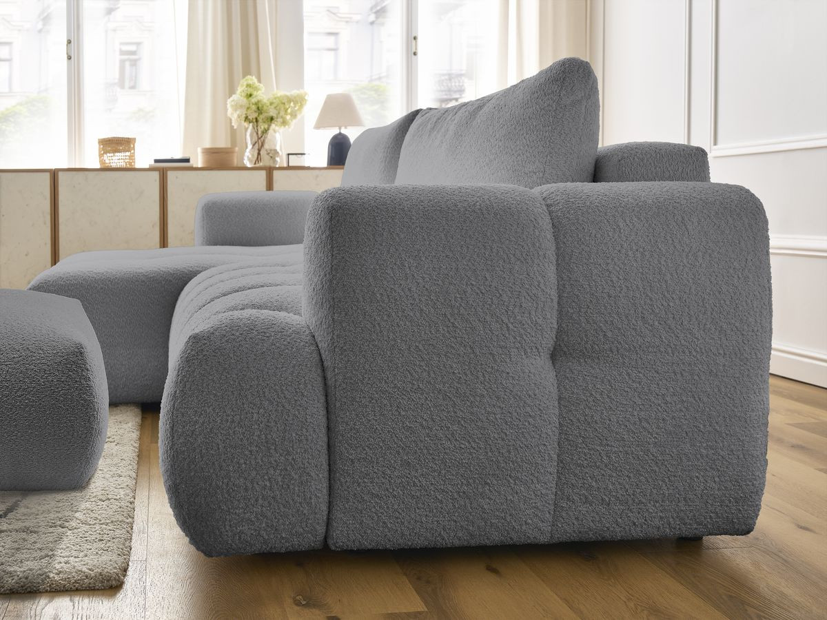Bobochic Fuji Ecksofa mit Schlaffunktion und Bettkasten und Pouf 292 × 160 cm Bouclé-Stoff Dunkelgrau Ecke links