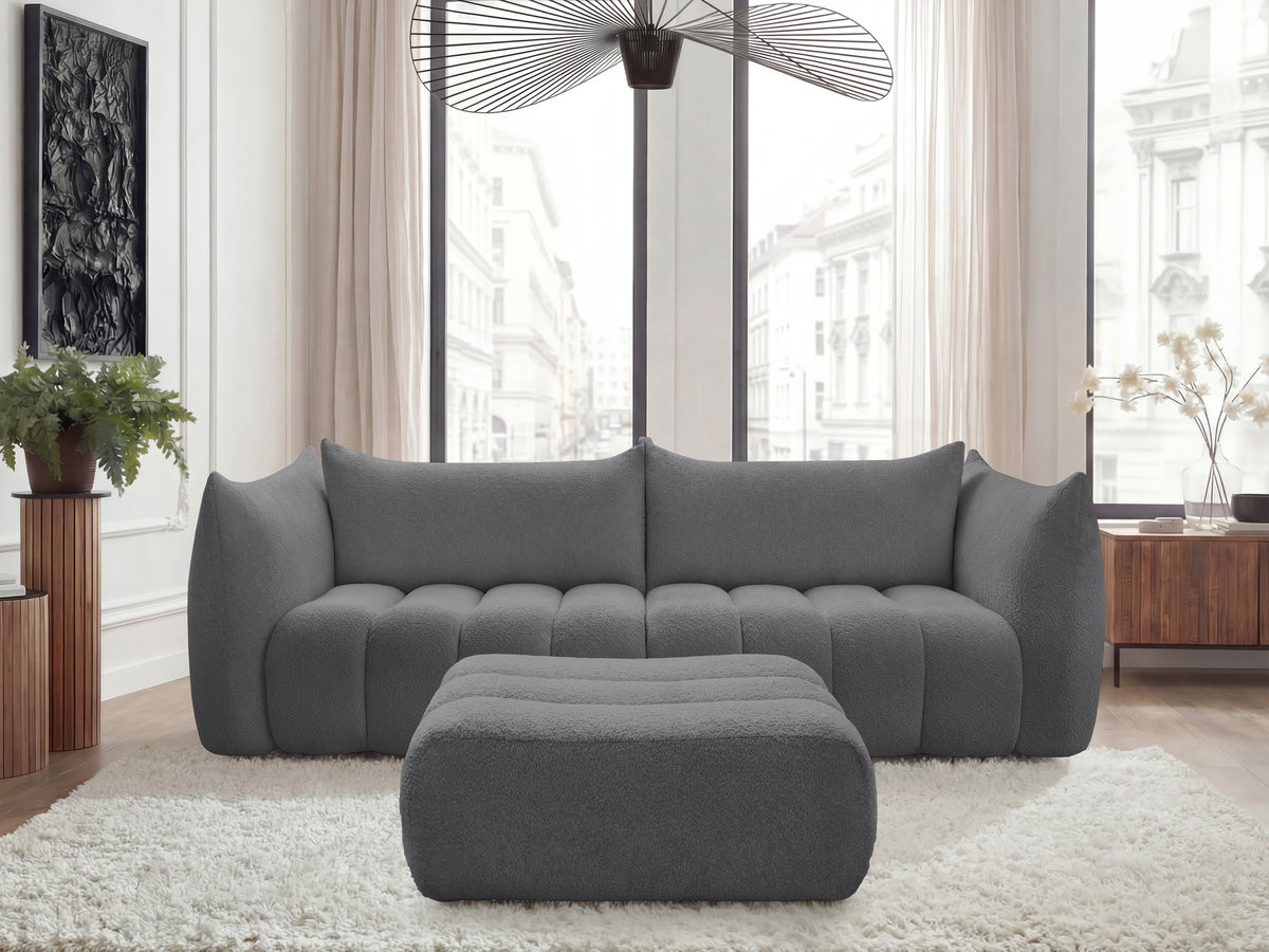 Bobochic Azra Sofa 4-Sitzer mit Pouf Bouclé-Stoff Dunkelgrau