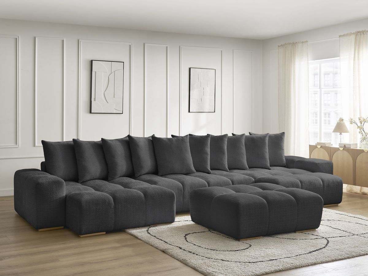 Bobochic Anakin Wohnlandschaft mit Pouf, 10 Kissen Strukturstoff Schwarz