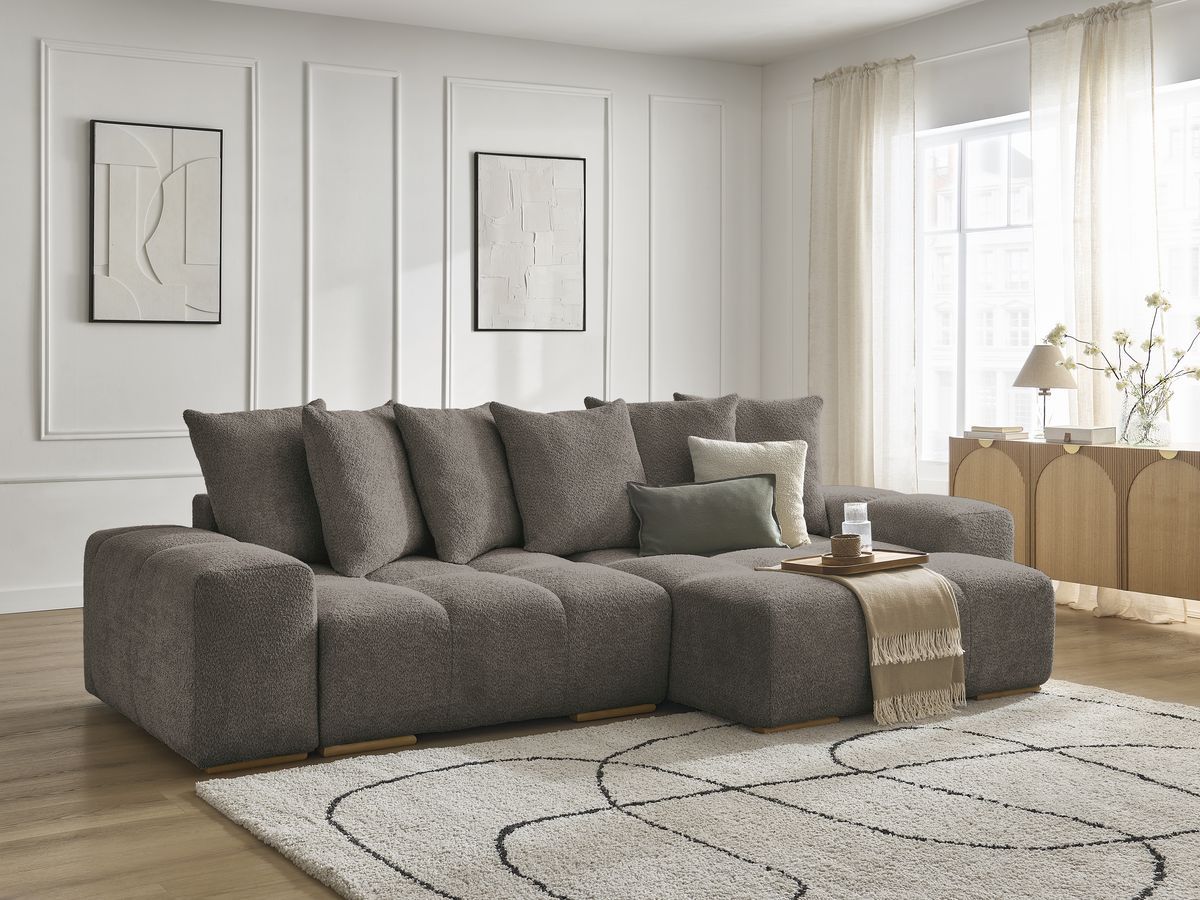 Bobochic Anakin Ecksofa mit Schlaffunktion und Bettkasten, 6 Kissen Bouclé-Stoff Braun