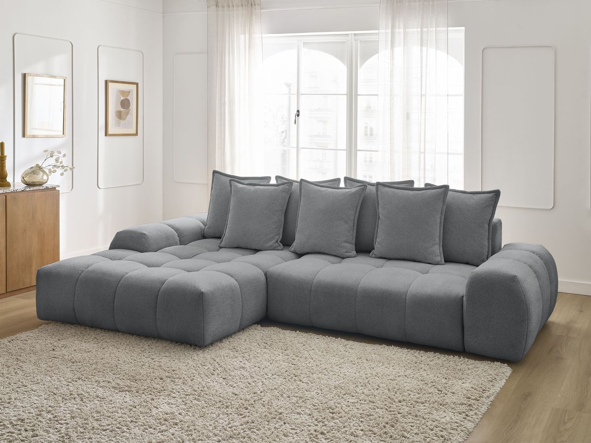 Bobochic Everest Ecksofa mit Schlaffunktion und Bettkasten 318 × 180 cm, 7 Kissen Melange-Stoff Dunkelgrau Ecke links