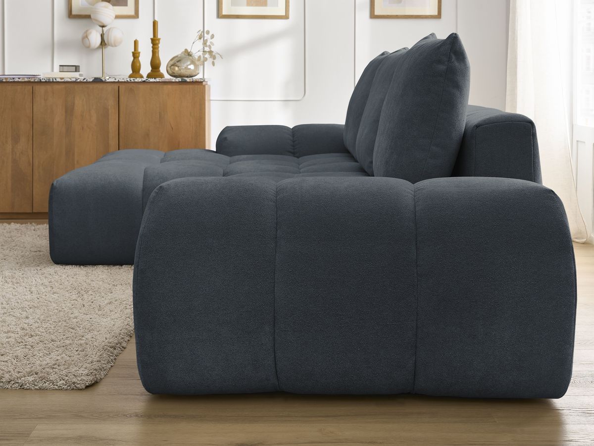 Bobochic Everest Ecksofa mit Schlaffunktion und Bettkasten 318 × 180 cm, 3 Kissen Strukturstoff Dunkelblau Ecke links