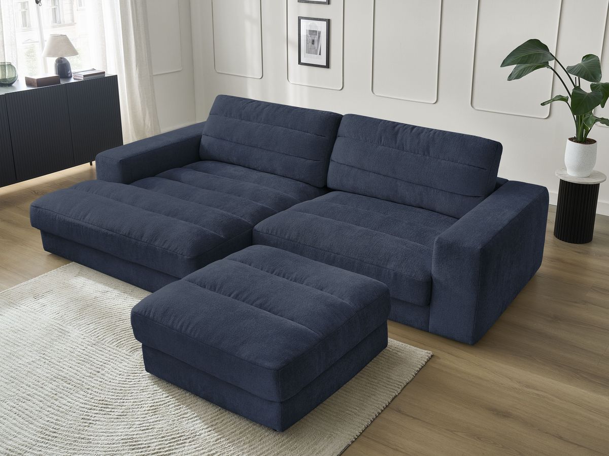 Bobochic Sierra Ecksofa mit Pouf Strukturstoff Dunkelblau Ecke links