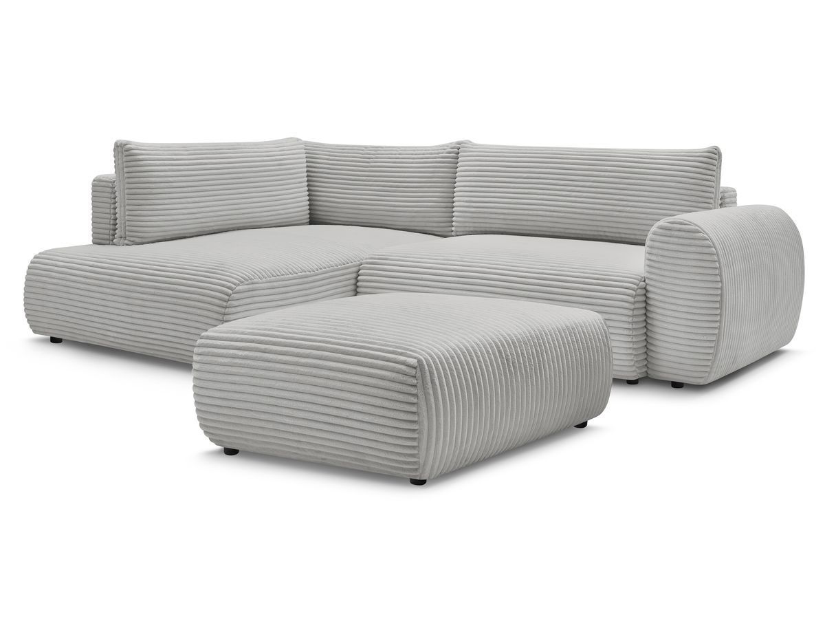 Bobochic Lucien Ecksofa mit Schlaffunktion und Bettkasten und Pouf 296 × 198 cm Breitcord weich Hellgrau Ecke links