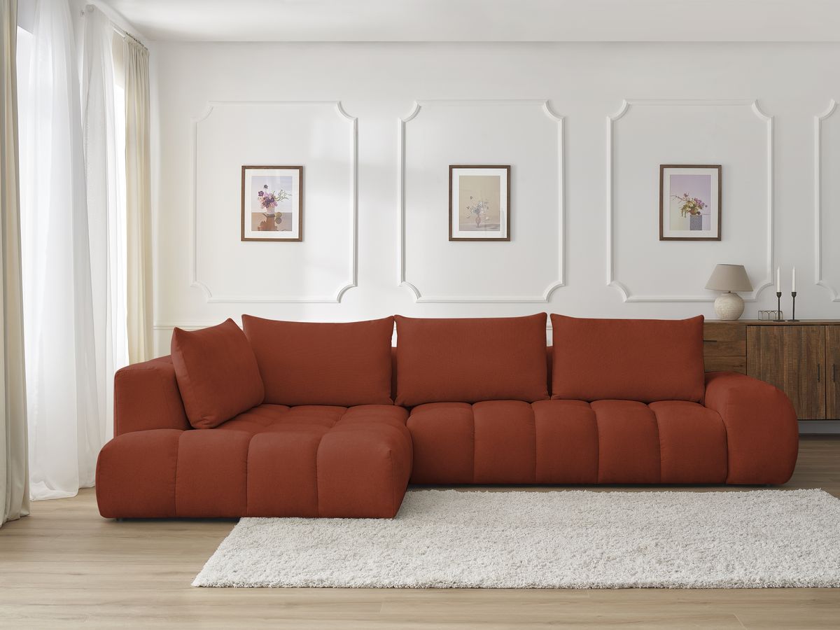 Bobochic Everest Ecksofa, 4 Kissen Strukturstoff Orange Ecke links