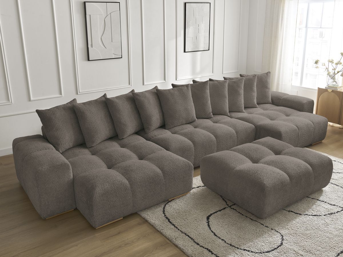 Bobochic Anakin Wohnlandschaft mit Pouf, 10 Kissen Bouclé-Stoff Braun
