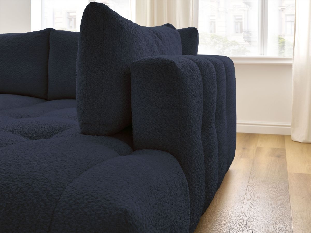 Bobochic Fuji Ecksofa mit Schlaffunktion und Bettkasten und Pouf 282 × 204 cm Bouclé-Stoff Dunkelblau Ecke rechts