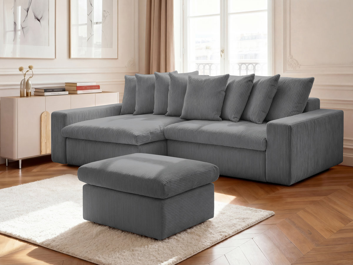 Bobochic Enore Ecksofa mit Pouf Cordsamt Dunkelgrau Ecke links