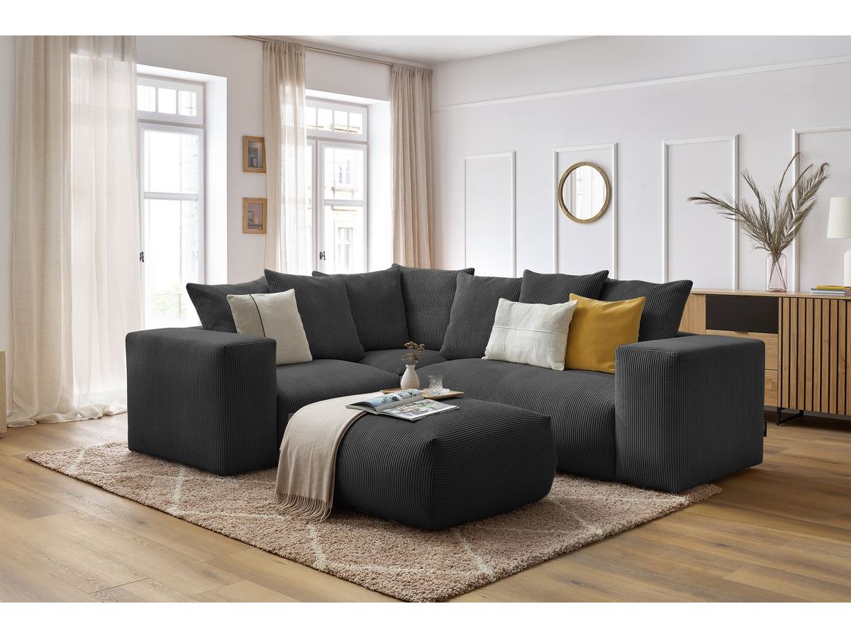Bobochic Voltaire Ecksofa mit Pouf 268 × 214 cm Cordsamt Dunkelgrau Ecke links