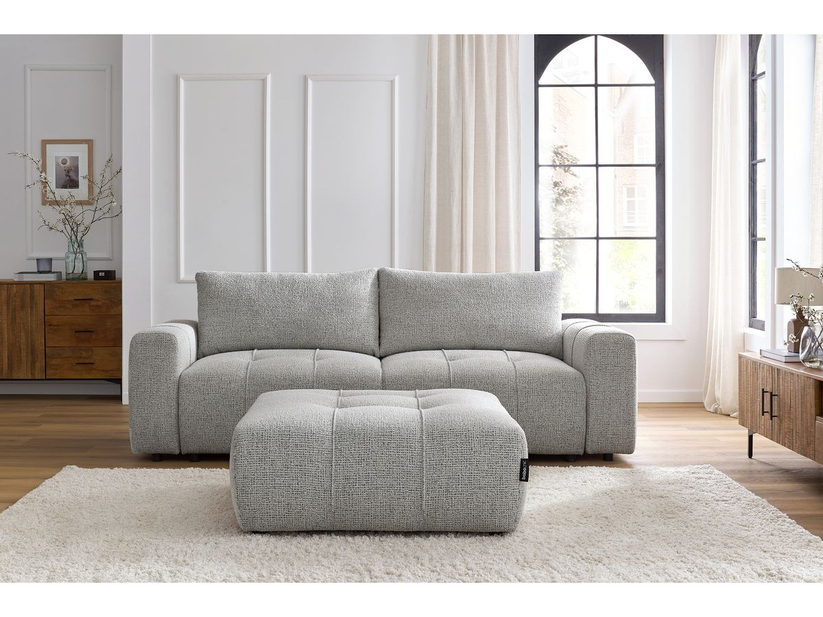 Bobochic Arsene Schlafsofa 4-Sitzer mit Bettkasten und Pouf Melange-Stoff Hellgrau