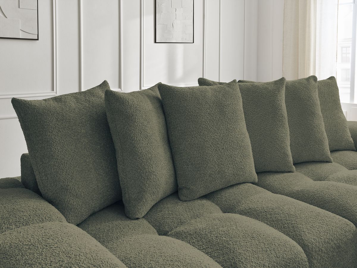 Bobochic Anakin Schlafsofa 3-Sitzer mit Bettkasten und Pouf, 6 Kissen Bouclé-Stoff Grün