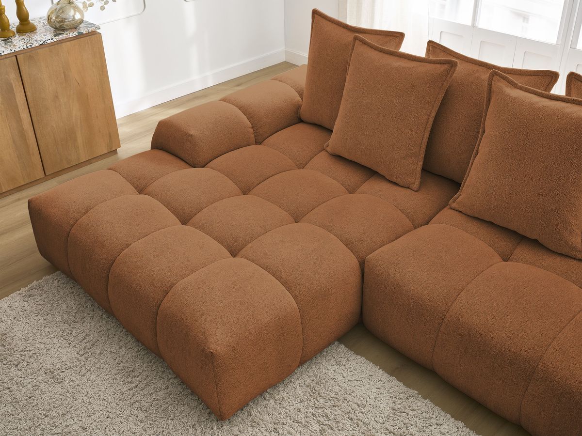 Bobochic Everest Ecksofa mit Schlaffunktion und Bettkasten 318 × 180 cm, 7 Kissen Melange-Stoff Orange Ecke links