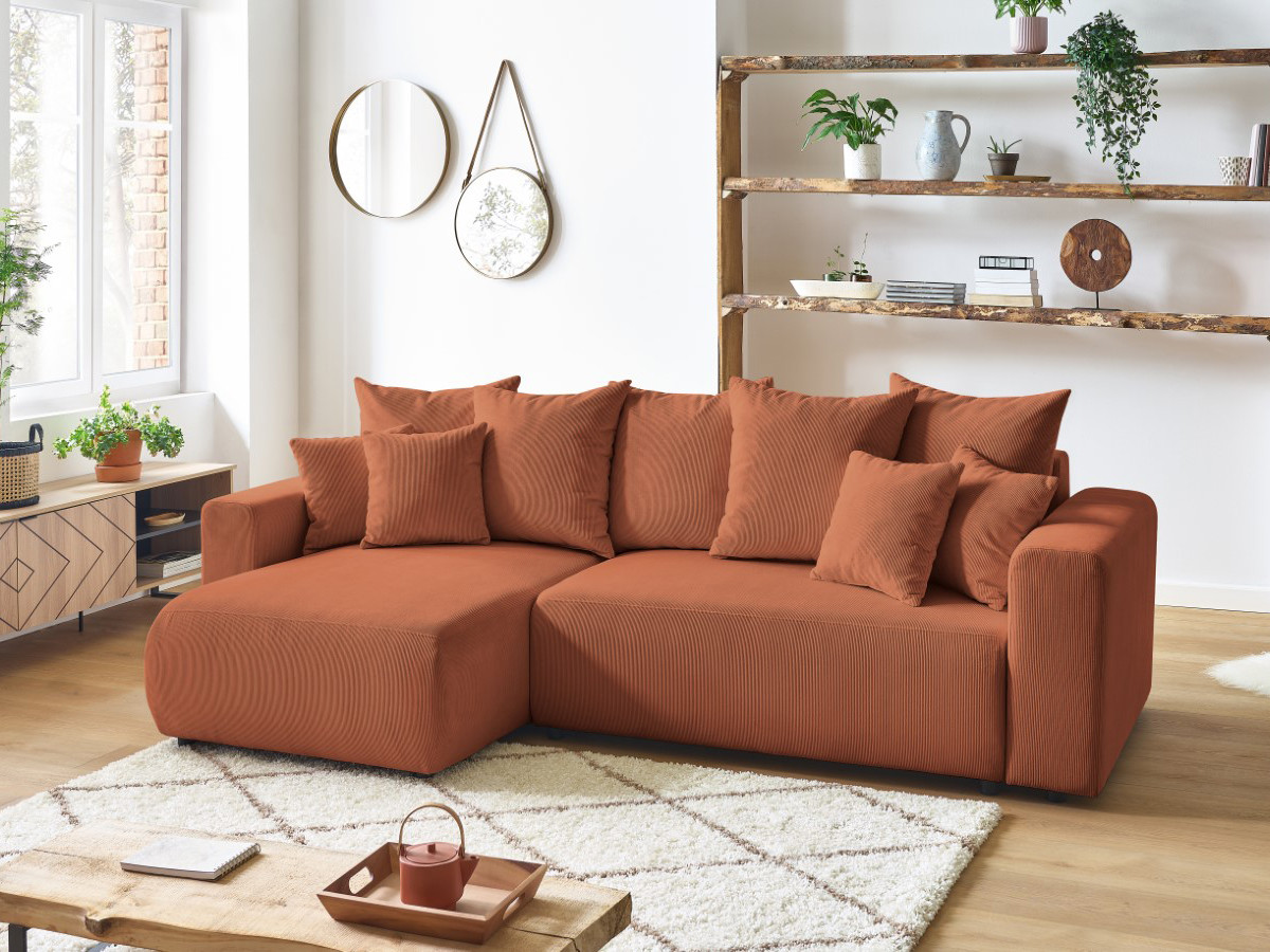 Bobochic Envy Ecksofa mit Schlaffunktion und Bettkasten Cordsamt Orange