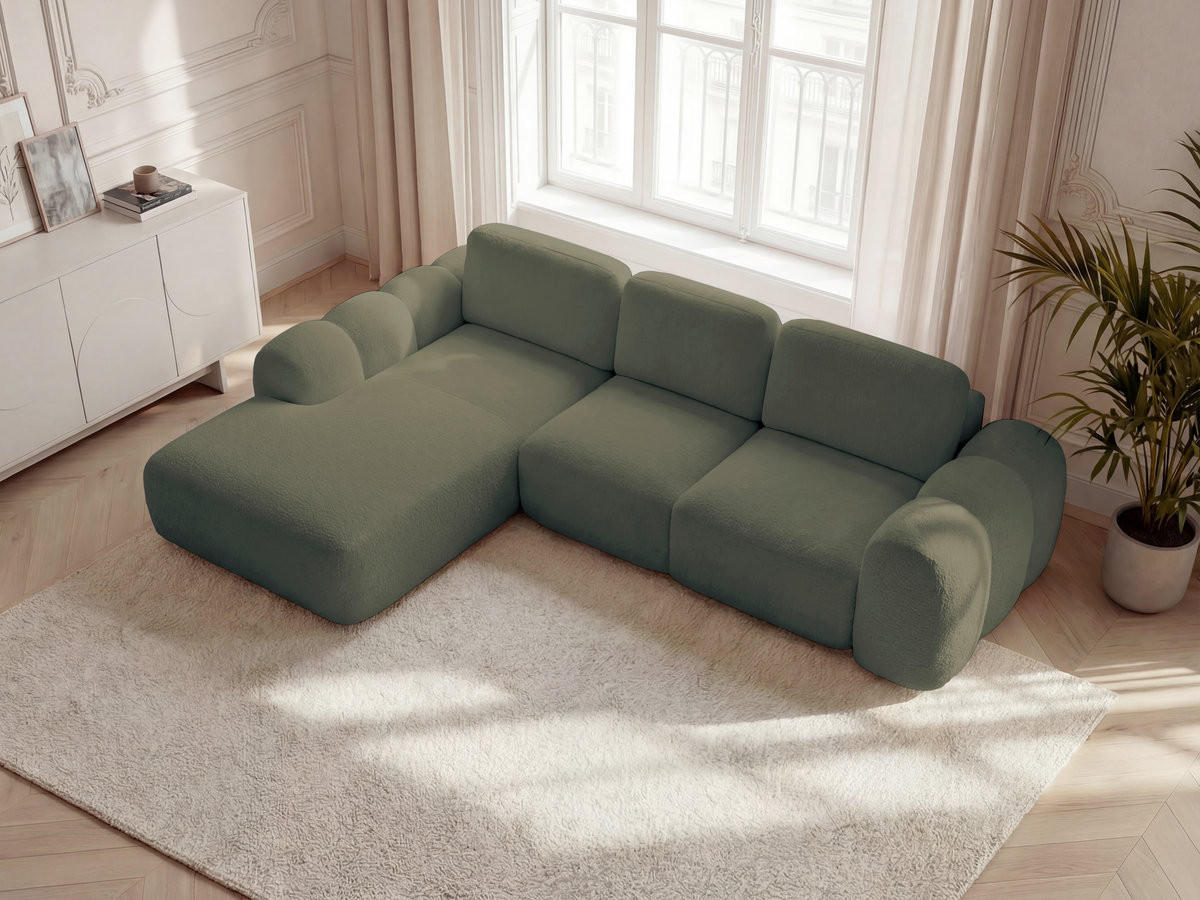 Bobochic Montaigne Ecksofa mit Schlaffunktion und Bettkasten 288 × 196 cm Bouclé-Stoff Grün Ecke links