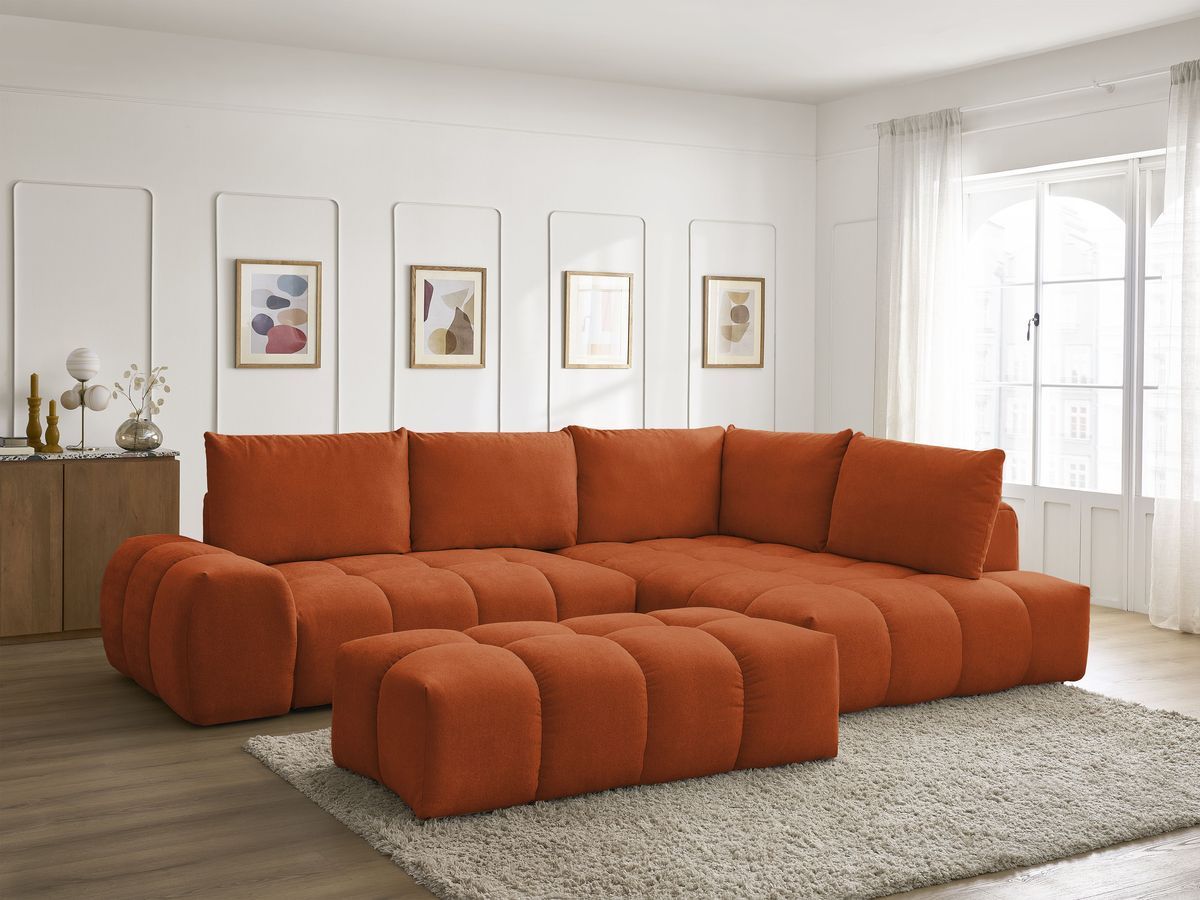 Bobochic Everest Ecksofa mit Schlaffunktion und Bettkasten und Pouf 320 × 212 cm, 5 Kissen Strukturstoff Orange Ecke rechts