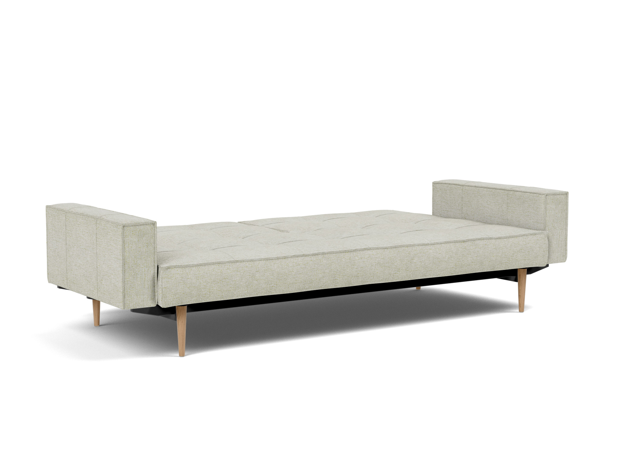 Schlafsofa Splitback mit Armlehnen Flachgewebe Avella 280-Sand Beine Styletto Eiche hell