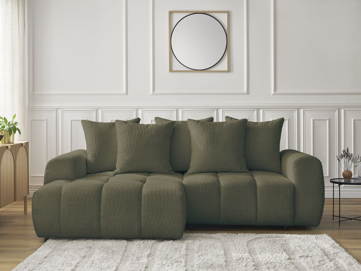 Bobochic Roxelane Ecksofa mit Schlaffunktion und Bettkasten 258 × 150 cm Bouclé-Stoff Grün Ecke links