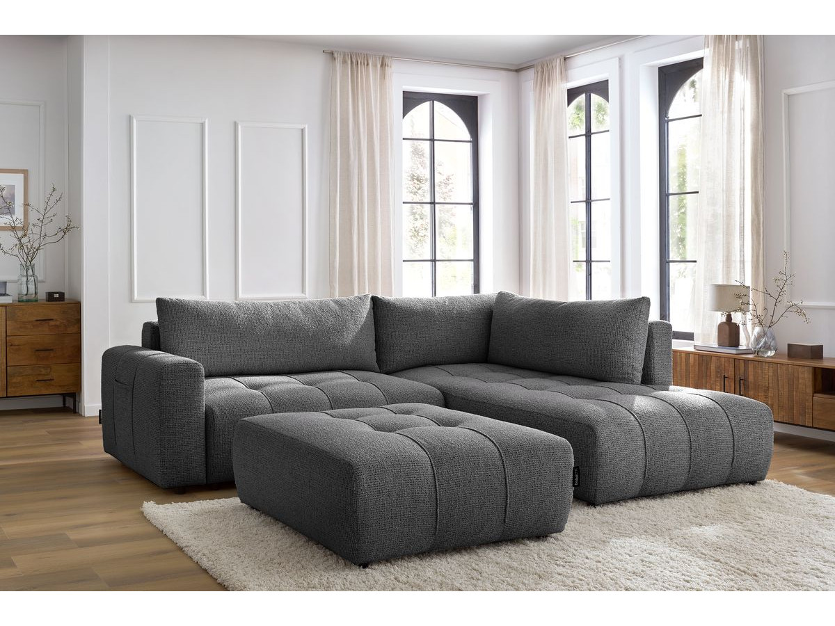 Bobochic Arsene Ecksofa mit Schlaffunktion und Bettkasten und Pouf 277 × 200 cm Melange-Stoff Dunkelgrau Ecke rechts