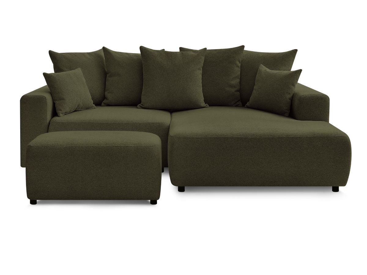 Bobochic Atilla Ecksofa mit Schlaffunktion und Bettkasten und Pouf Melange-Stoff Grün Ecke rechts