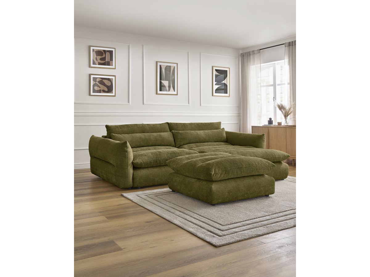 Bobochic Neil Ecksofa mit Pouf Strukturstoff Grün Ecke rechts