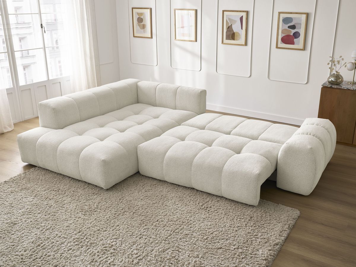 Bobochic Everest Ecksofa mit Schlaffunktion und Bettkasten 320 × 212 cm, 5 Kissen Melange-Stoff Weiß Ecke links