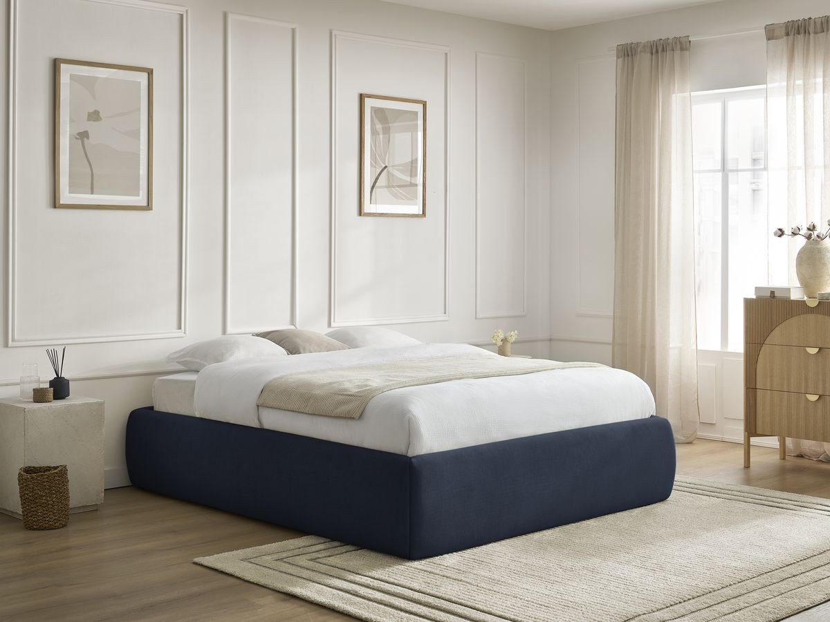 Bobochic Inera Bettgestell mit Bettkasten, ohne Kopfteil Stoff Blau, Liegefläche 160 × 200 cm