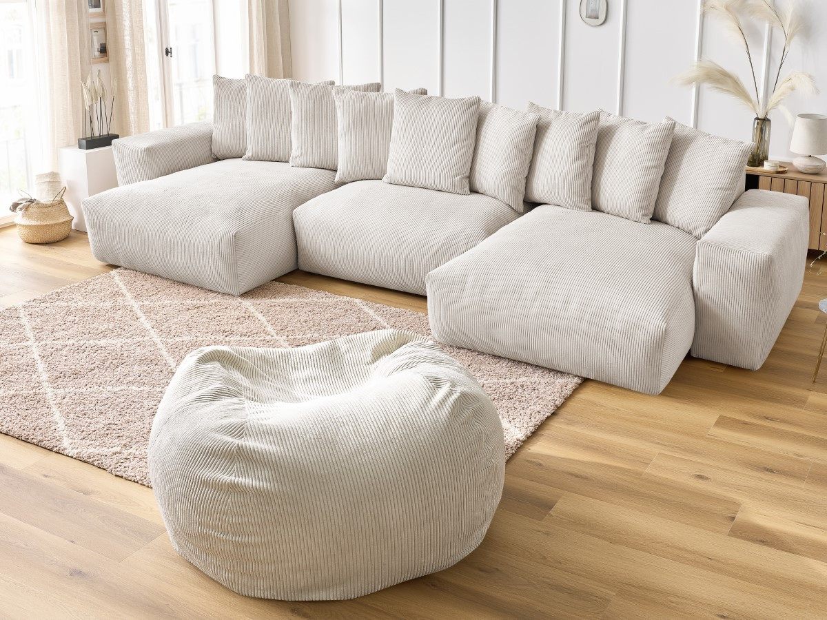 Bobochic Voltaire Wohnlandschaft mit Pouf 420 × 174 cm Cordsamt Beige
