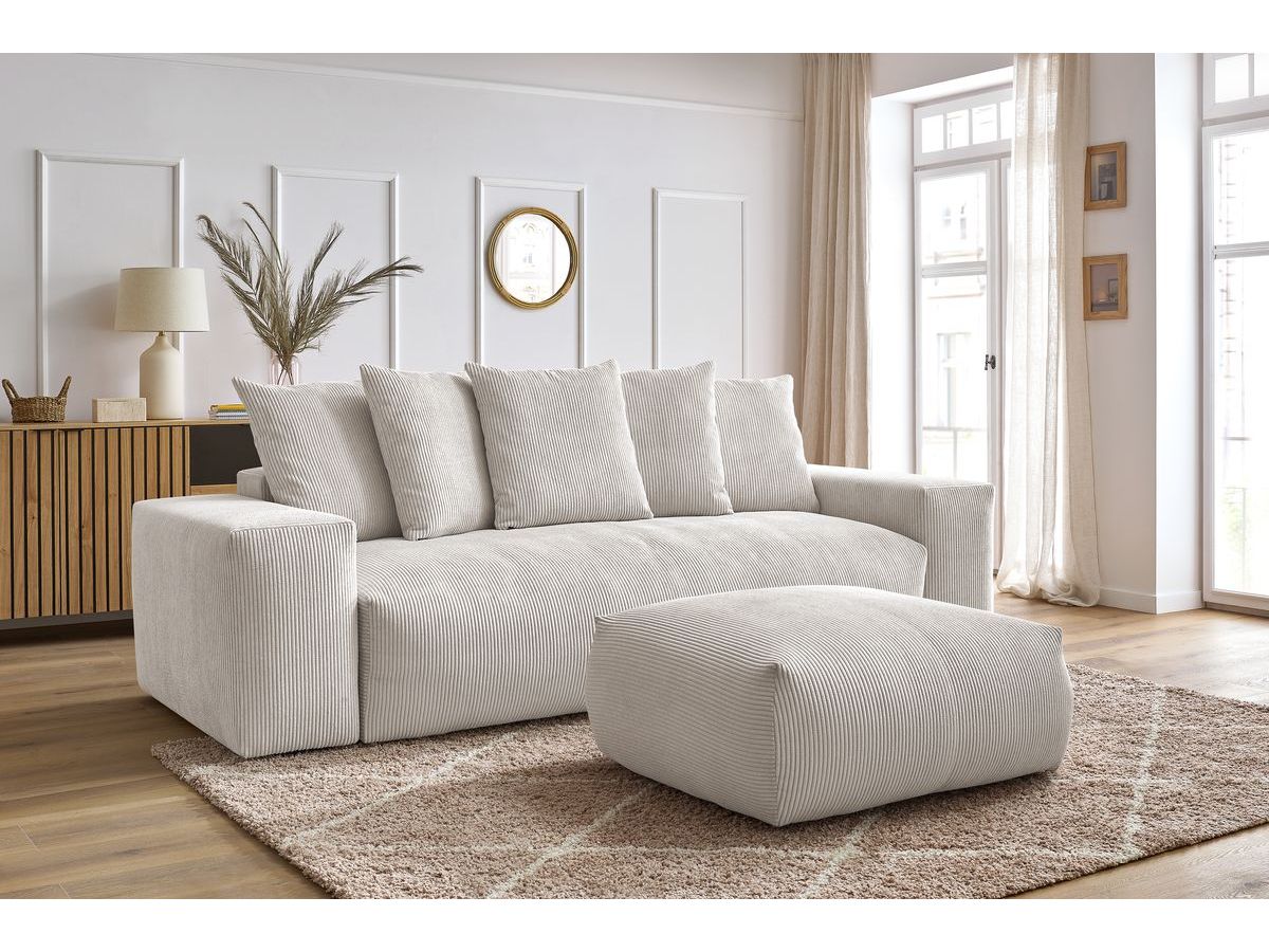Bobochic Voltaire Schlafsofa 4-Sitzer mit Bettkasten und Pouf Cordsamt Beige