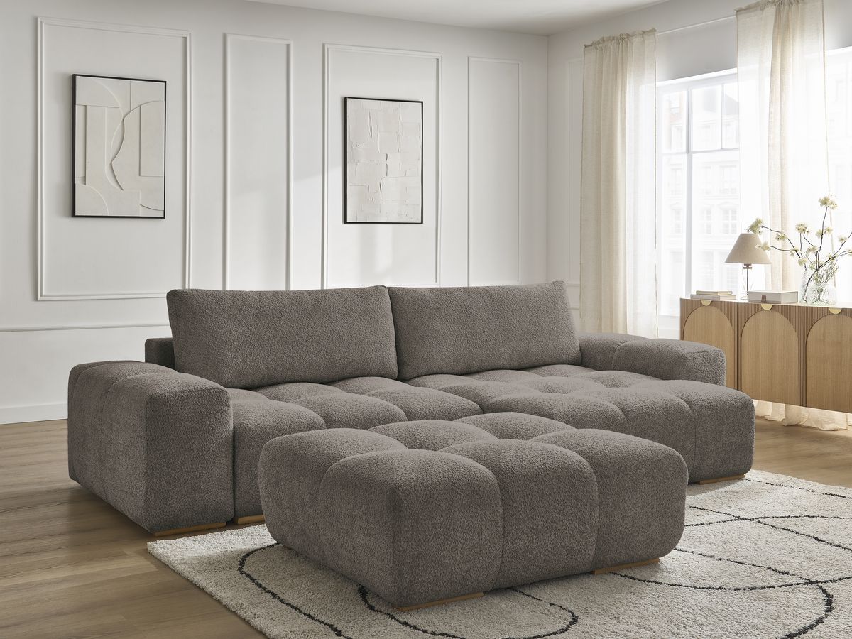 Bobochic Anakin Ecksofa mit Pouf, 2 Kissen Bouclé-Stoff Braun