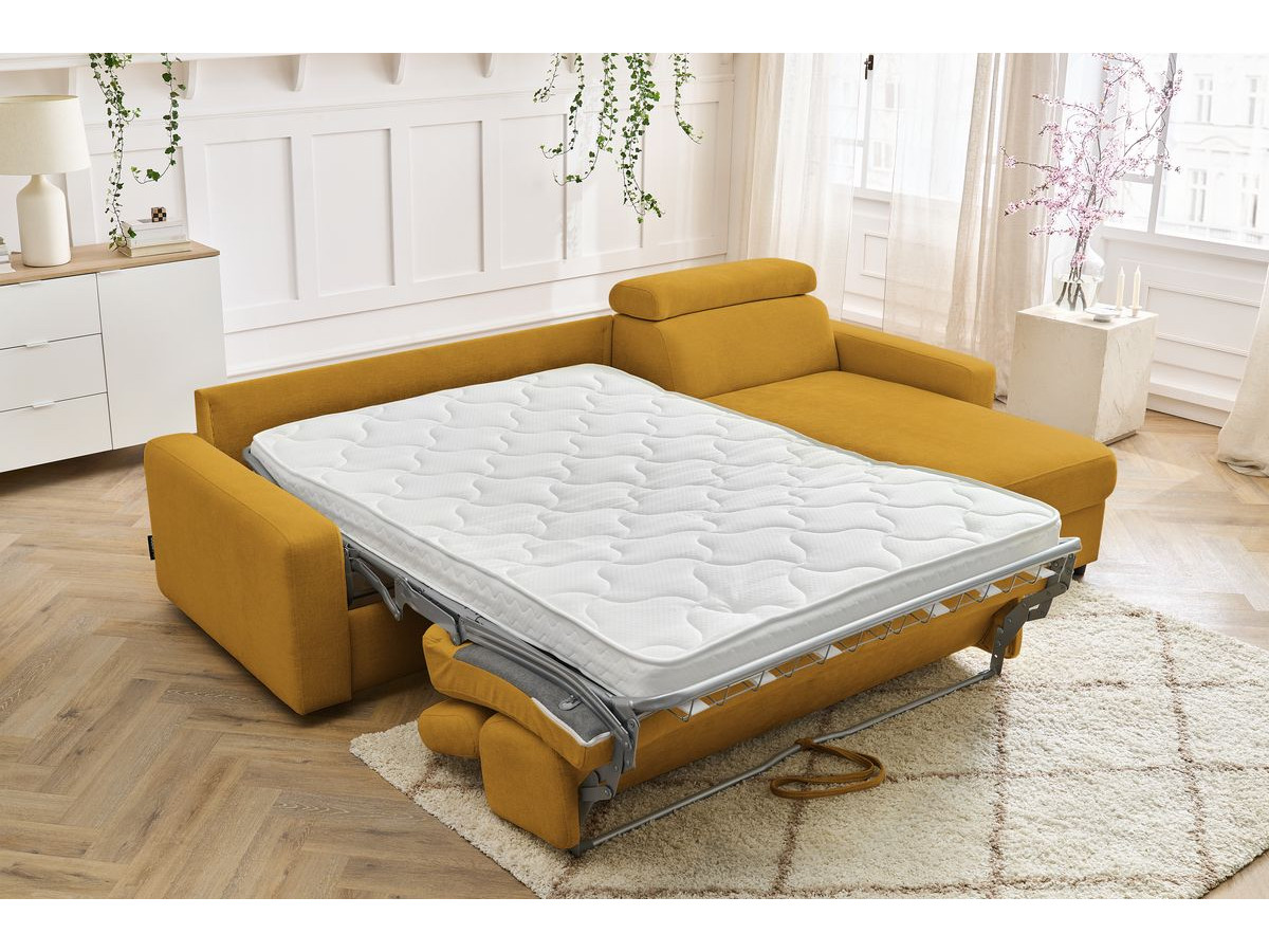 Bobochic Monaco Ecksofa mit Schlaffunktion und Bettkasten Stoff Gelb, Liegefläche 140 × 190 cm