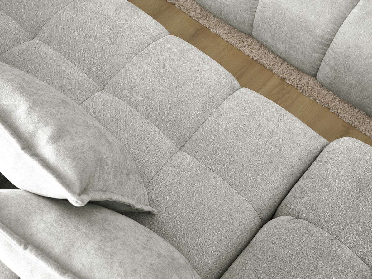 Bobochic Everest Ecksofa mit Schlaffunktion und Bettkasten 318 × 180 cm, 7 Kissen Strukturstoff Hellgrau Ecke rechts