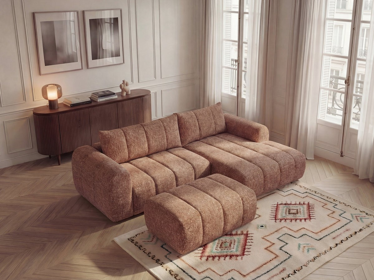 Bobochic Nesty Ecksofa 272 cm mit Pouf Melange-Stoff Orange Ecke rechts