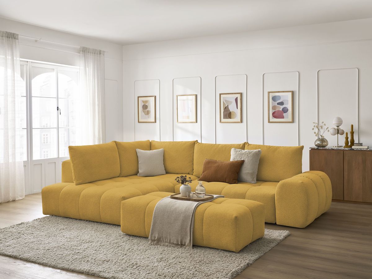 Bobochic Everest Ecksofa mit Schlaffunktion und Bettkasten und Pouf 320 × 212 cm, 5 Kissen Melange-Stoff Gelb Ecke links