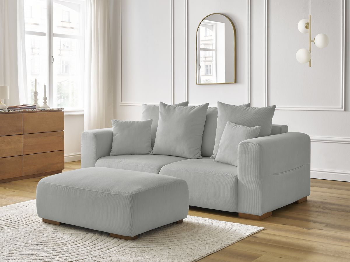 Bobochic Sidonie Sofa 3-Sitzer mit Pouf Cordsamt Hellgrau