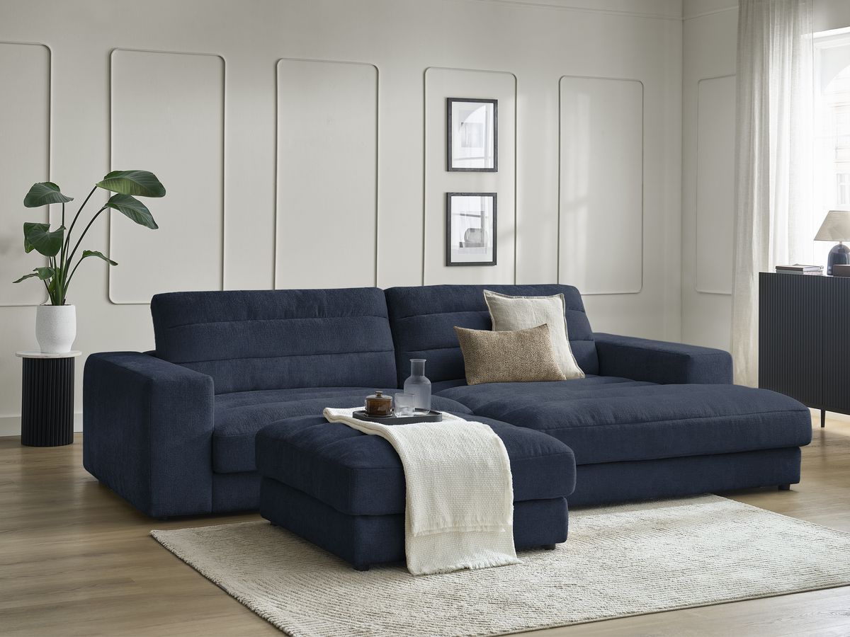 Bobochic Sierra Ecksofa mit Pouf Strukturstoff Dunkelblau Ecke rechts