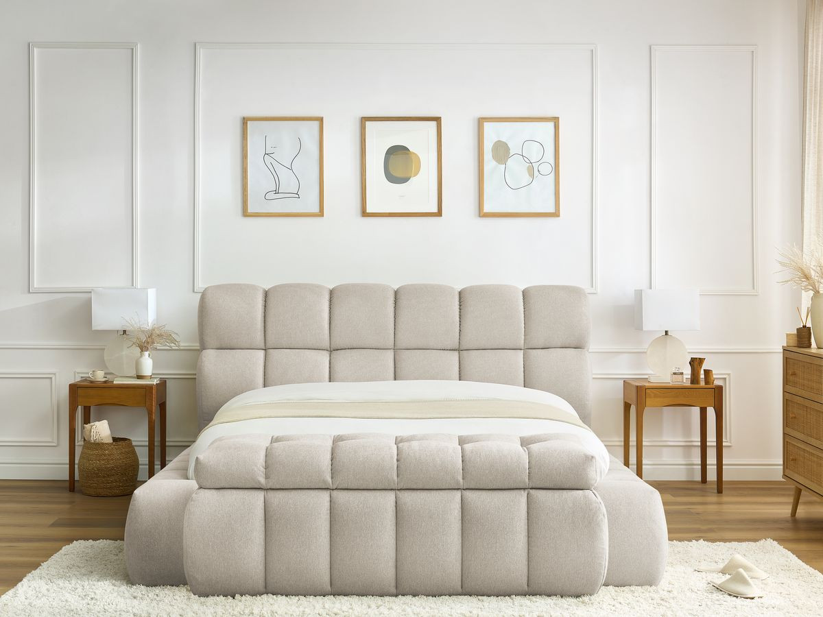 Bobochic Mont-blanc Polsterbett mit Bettkasten mit Bettbank Stoff Beige, Liegefläche 140 × 190 cm