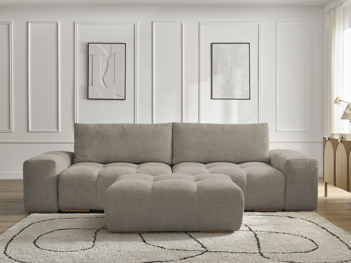 Bobochic Anakin Sofa 3-Sitzer mit Pouf, 2 Kissen Bouclé-Stoff Taupe