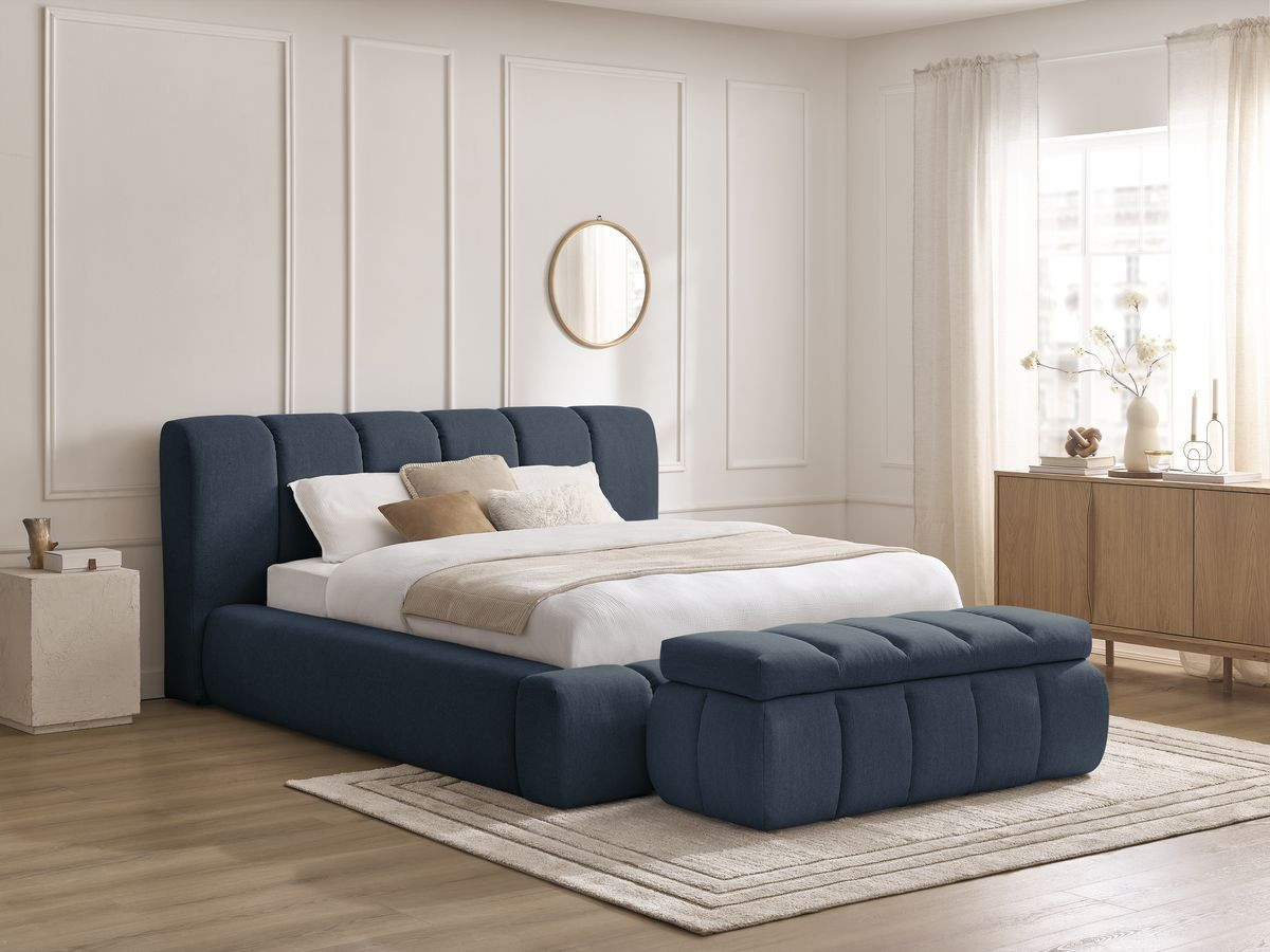 Bobochic Denali Polsterbett mit Bettkasten mit Bettbank Stoff Dunkelblau, Liegefläche 180 × 200 cm
