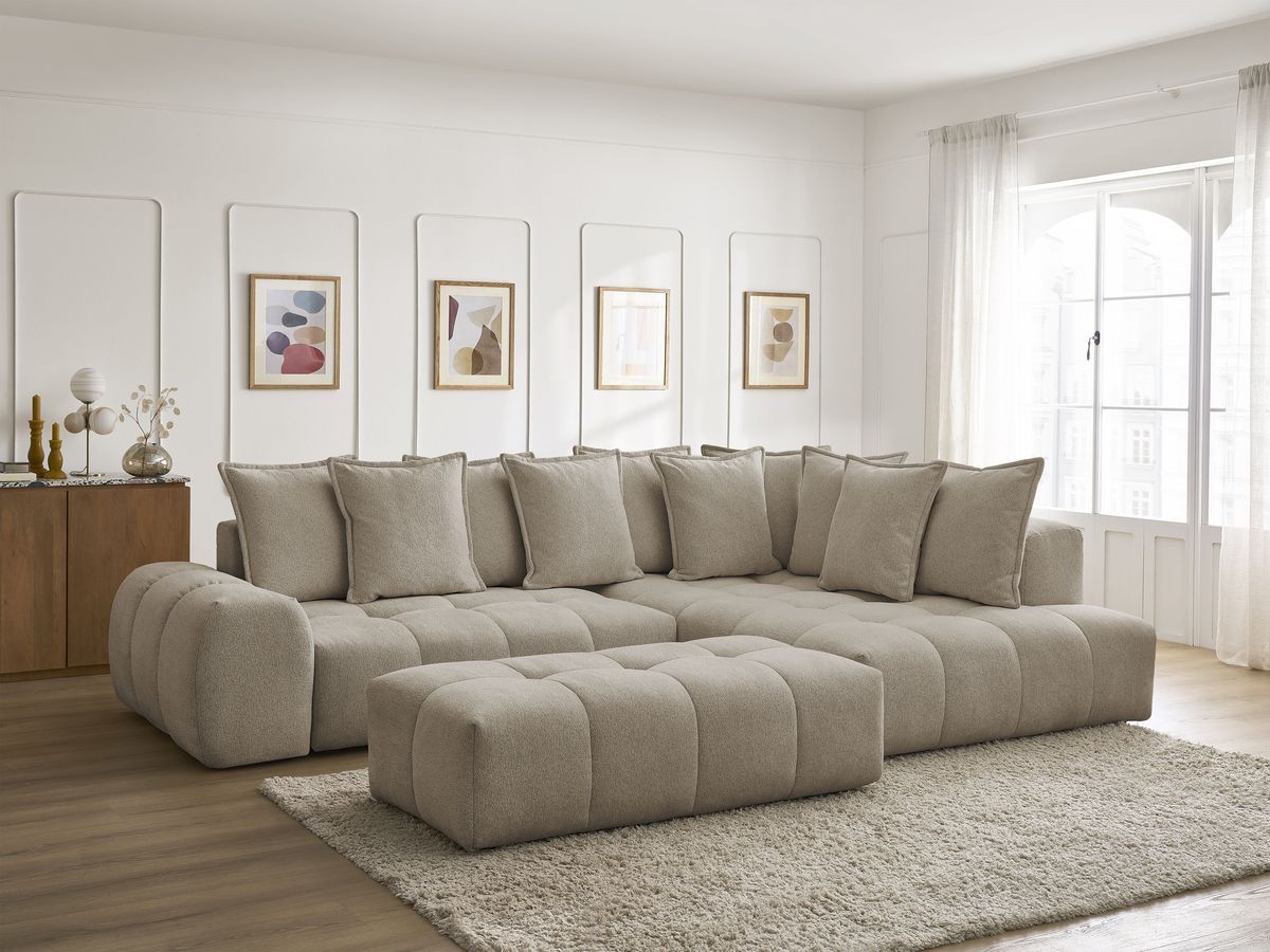 Bobochic Everest Ecksofa mit Schlaffunktion und Bettkasten und Pouf 320 × 212 cm, 10 Kissen Melange-Stoff Taupe Ecke rechts