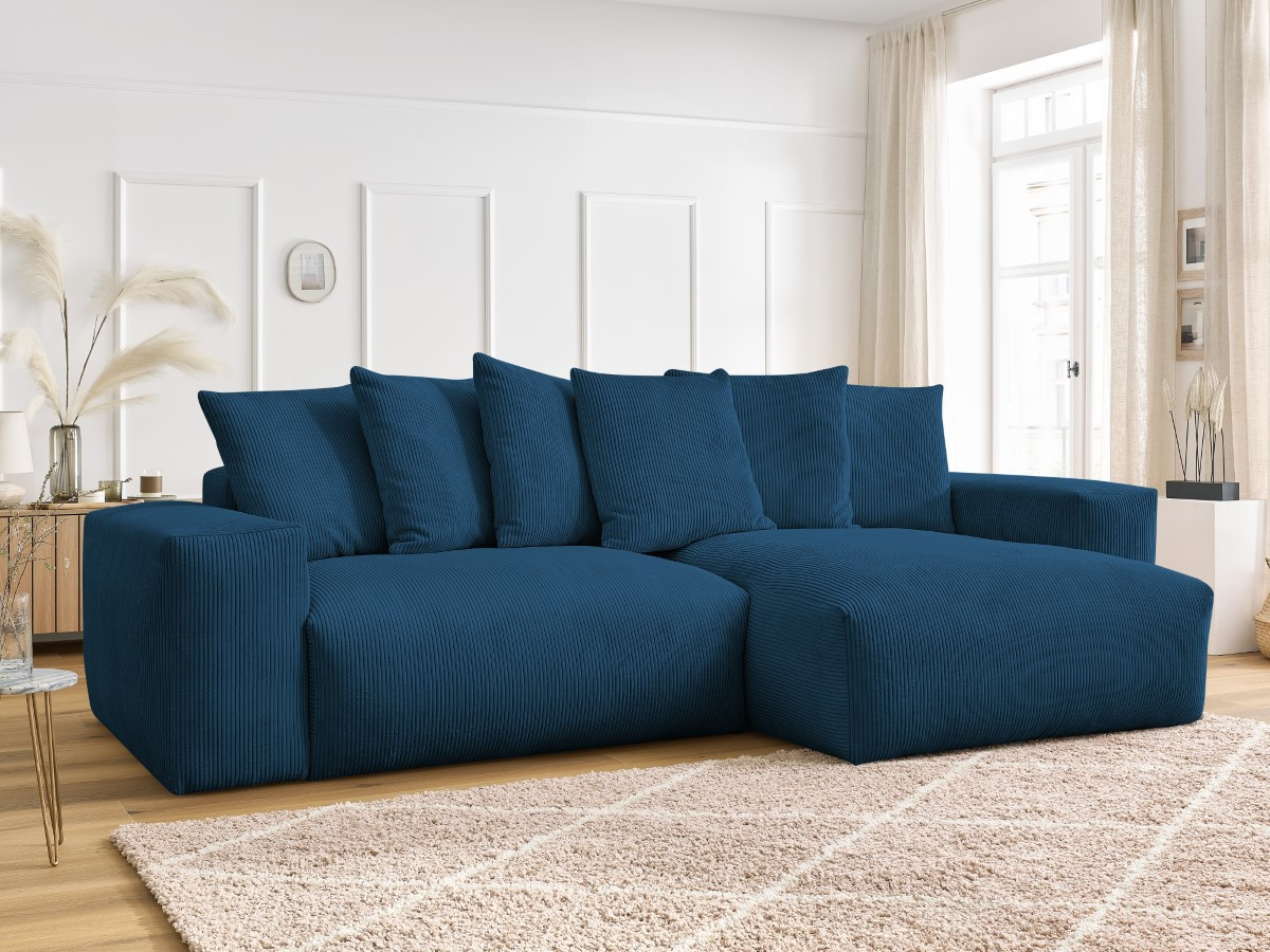 Bobochic Voltaire Ecksofa mit Schlaffunktion und Bettkasten Cordsamt Dunkelblau