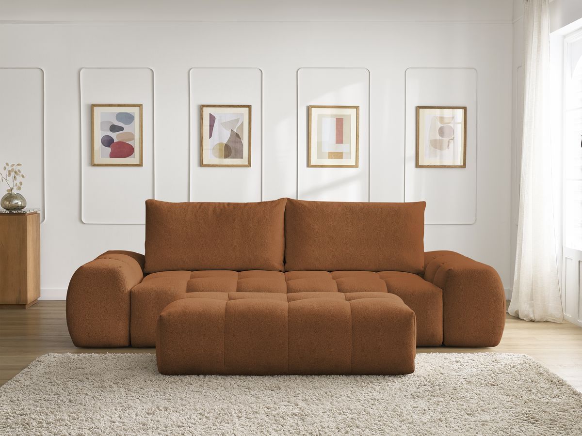 Bobochic Everest Schlafsofa 3-Sitzer mit Bettkasten und Pouf, 2 Kissen Melange-Stoff Orange