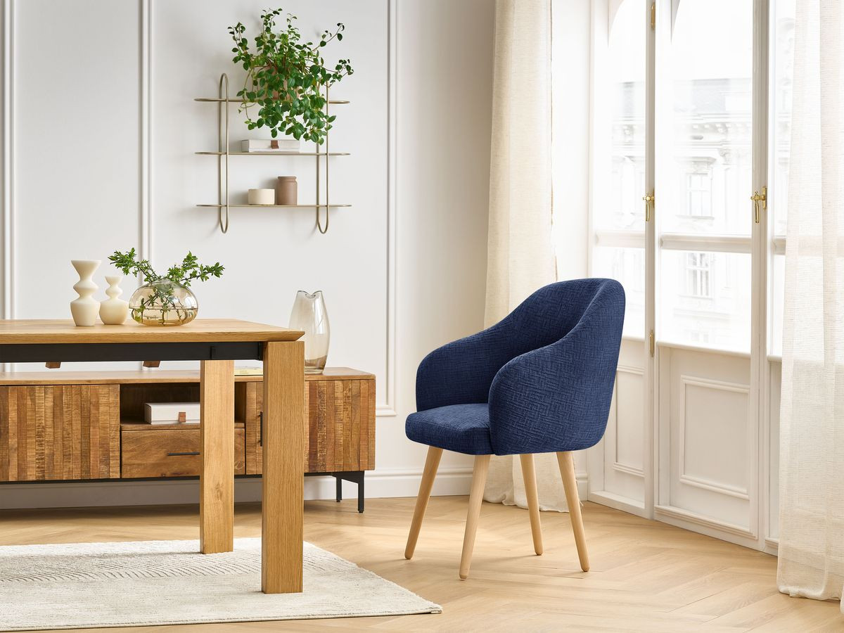 Bobochic Sophie Esszimmerstuhl mit skandinavischen Holzbeinen Strukturstoff Dunkelblau