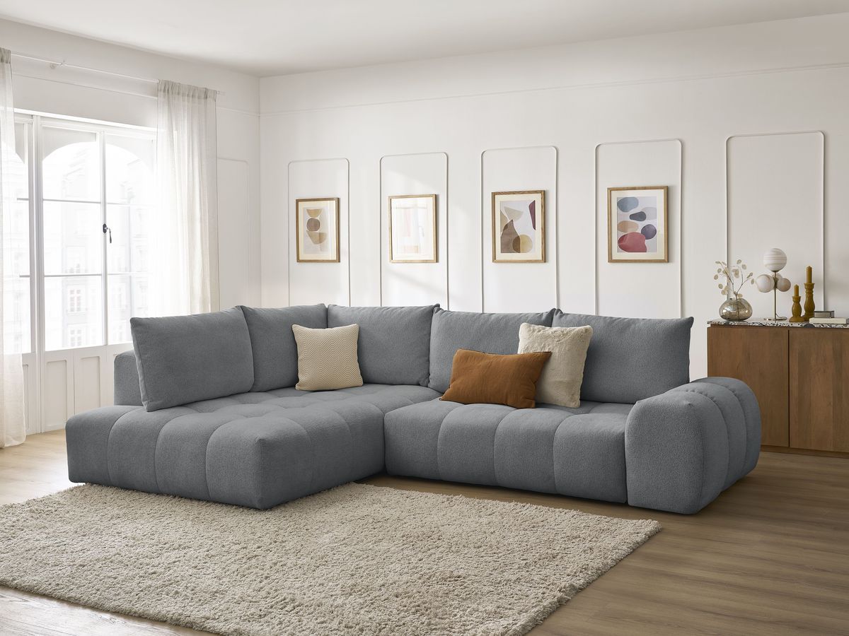 Bobochic Everest Ecksofa mit Schlaffunktion und Bettkasten 320 × 212 cm, 5 Kissen Melange-Stoff Dunkelgrau Ecke links