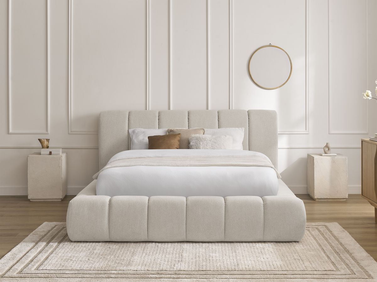 Bobochic Denali Polsterbett mit Bettkasten Stoff Beige, Liegefläche 140 × 190 cm