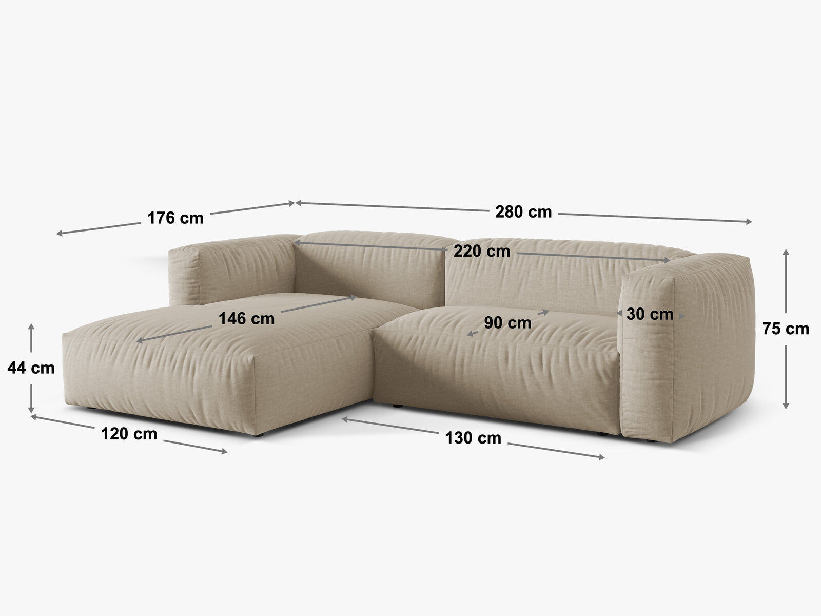 Micadoni Ecksofa Martina 2-Sitzer 90cm Sitztiefe Links Samt Vogue Grau