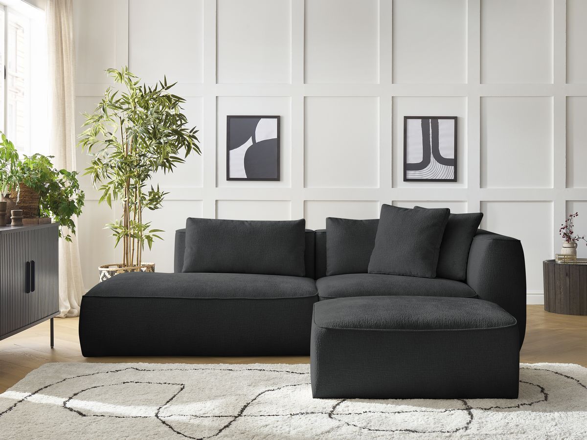 Bobochic Leopold Sofa 4-Sitzer mit Pouf Strukturstoff Schwarz Armlehne rechts