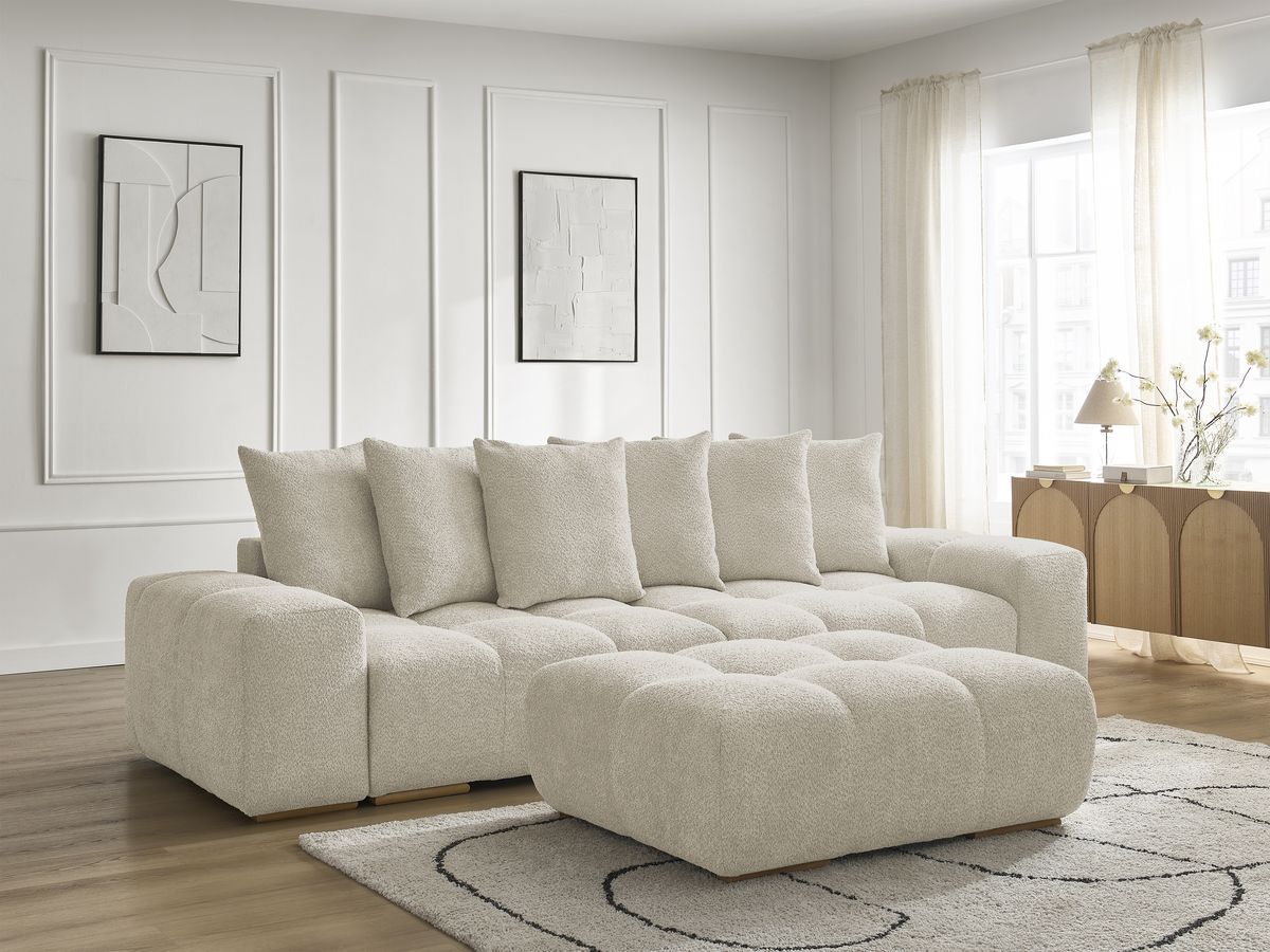 Bobochic Anakin Sofa 3-Sitzer mit Pouf, 6 Kissen Bouclé-Stoff Beige