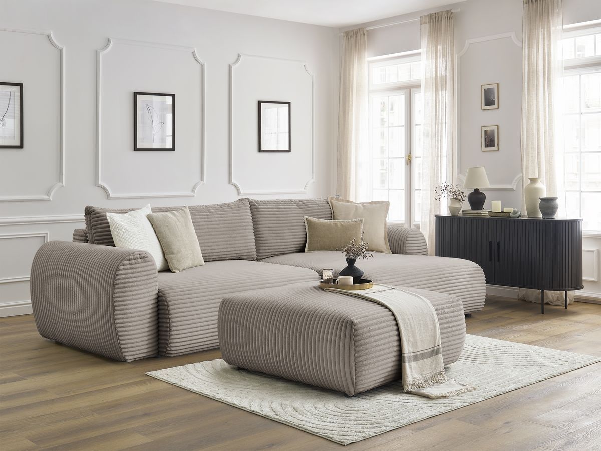 Bobochic Lucien Ecksofa mit Schlaffunktion und Bettkasten und Pouf 314 × 167 cm Breitcord weich Taupe Ecke rechts