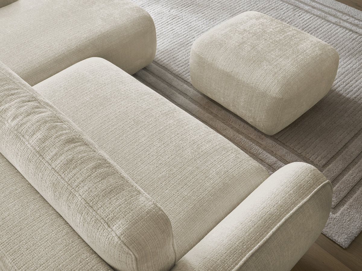 Bobochic Denise Ecksofa mit Schlaffunktion und Bettkasten und Pouf 258 × 160 cm Strukturstoff Beige Ecke rechts